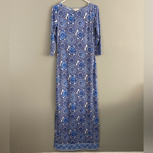 Boston Proper Blue Mosaic Medallion Maxi Dress Size 4 Stretch - Picture 1 of 11